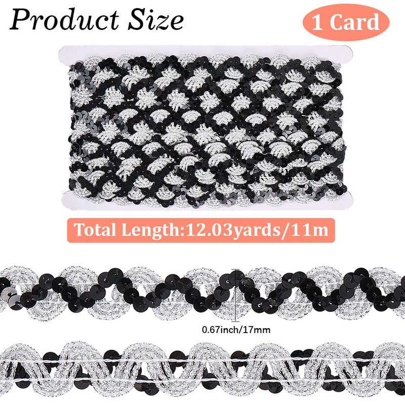 CABODYALS 12 Yards Black Silver Sequin Trim Flat Sequins Beaded Strip Rick Rack Wave Gimp Woven Braid Trimming Metallic Glitter Ric Rac Fabric Ribbon for Sewing Making Crafts Clothes Diy Costume Decor - Image 2